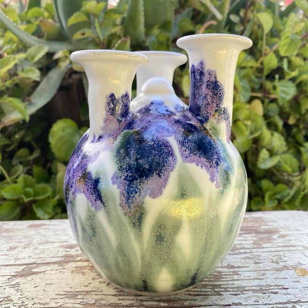 Clouds Folsom Studio Pottery Purple Irises 3 Neck Bud Vase 5.75" Handmade